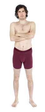 Isolated Frowning Scrawny Caucasian Adult Man Wearing Underwear
