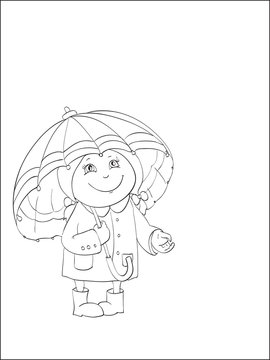 contour of little girl with big umbrella on isolated white