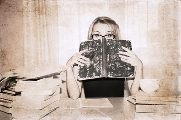 Young Woman in glasses reading book.  Self-education at home. Funny artwork  in retro style