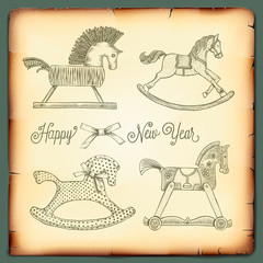New Year card with rocking toys horses, vector Eps10 image.