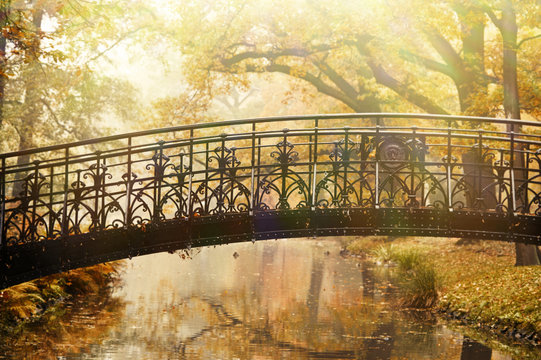 Old bridge in autumn misty park