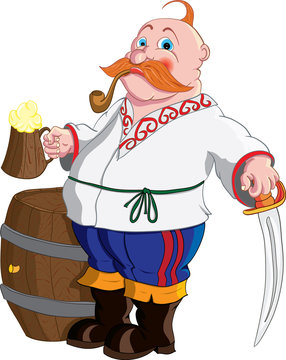 Мужчина держит кружку пива и саблю