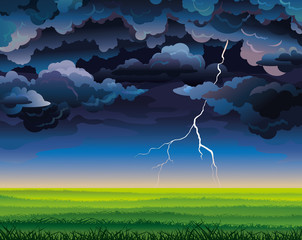 Stormy sky with lightning and green field - 54889944