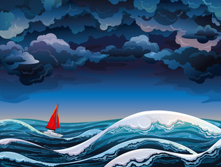 Fototapeta premium Red sailboat and stormy sky