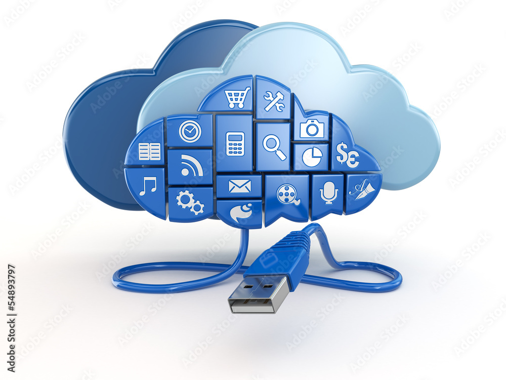 Aufkleber cloud computing concept. apps and usb.