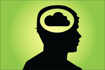 Cloud in man's head. Cocept vector on green background