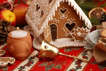 Gingerbread house and Christmas decorations