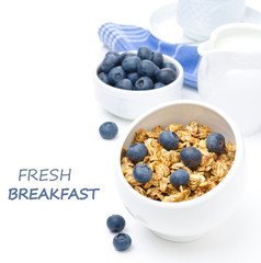 breakfast with homemade granola, blueberries and black coffee