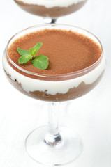 chocolate dessert with whipped cream decorated with mint