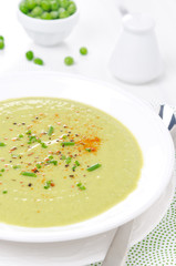 cold soup of green peas with yogurt vertical close-up