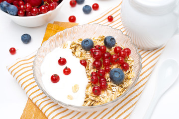 muesli with berries, yogurt and milk for breakfast