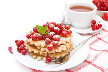 waffles with red currant, sprinkled powdered sugar for breakfast