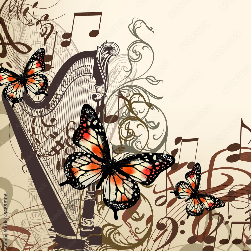 Poster vector background with harp, notes and butterflies