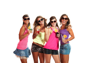 four girls fun with a drink, portrait in studio