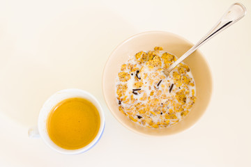 breakfast with healthy cereals and cup of coffee