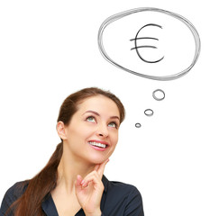 Thinking business woman with euro sign in bubble above isolated