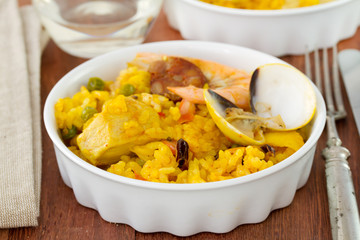 paella in white bowl