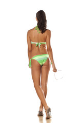 Fototapeta premium Rear view of the beautiful brunette in swimwear