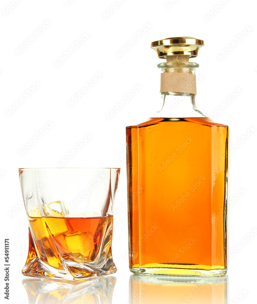 Poster glass of whiskey with bottle, isolated on white