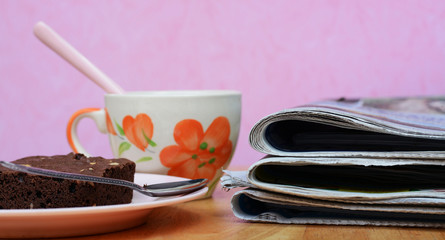 newspaper , Dessert and cup in morning