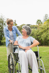 Happy mature woman in wheelchair talking with daughter
