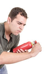 Man holding a fire extinguisher, isolated on white