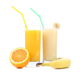 Juices of orange and banana. Fruits.