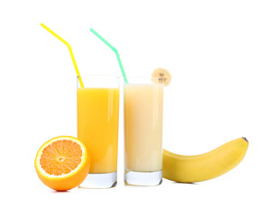 Juices of orange and banana. Fruits.