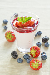 Pannacotta with wild berries and strawberry sauce, italian desse