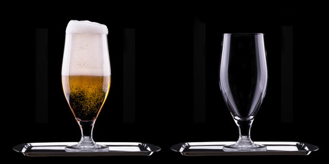 full and empty glass of light beer