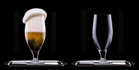 full and empty glass of light beer