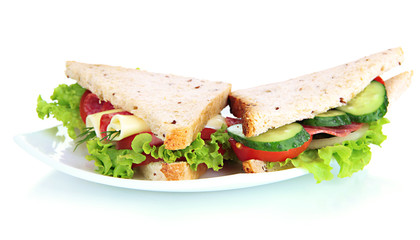 Tasty sandwiches with salami sausage and vegetables