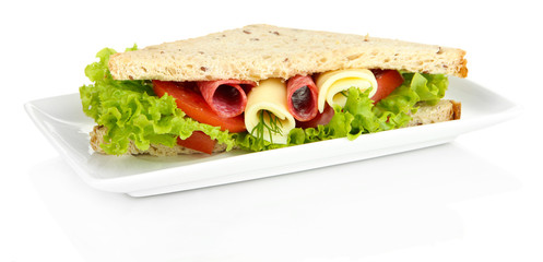 Tasty sandwich with salami sausage and vegetables