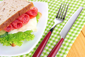 Tasty sandwich with salami sausage and vegetables