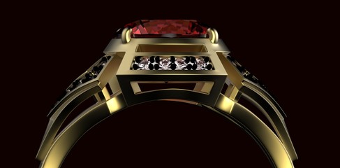 Gold Wedding Ring with diamond. Holiday symbol. Ruby gemstone