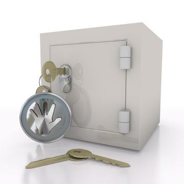 3d graphic of a stopping hand sign  on a safe door