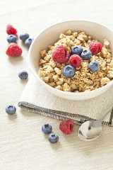 Healthy Breakfast with muesli cereal and wild fresh berries