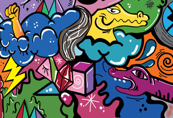 Fototapeta na wymiar Graffiti vector with cartoon animals