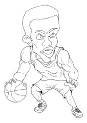 Line-art caricature of a man playing basketball