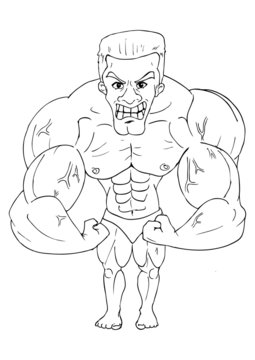 Line-art caricature of a bodybuilder