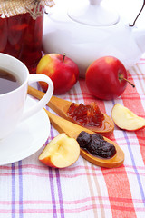 light breakfast with tea and homemade jam, on tablecloth
