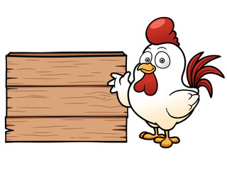 Vector illustration of cartoon chicken with wooden sign