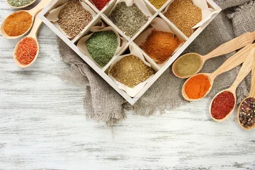 Gordijnen Assortment of spices in wooden spoons and box, © Africa Studio