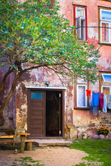 Fototapeta na wymiar Entrance area of an old house. With big tree and clothesline