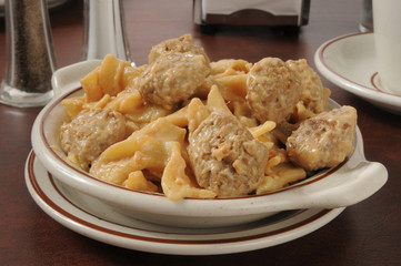 Bowl of swedish meatballs on pasta