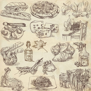 Food and drink around the world - drawings on old paper