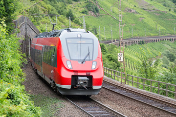 Train driving along vineyards near the river Moselle in Germany