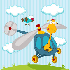 Naklejka premium giraffe and bird on a helicopter - illustration vector