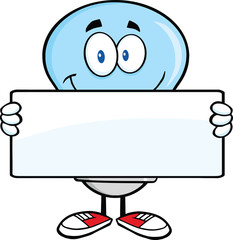 Blue Light Bulb Cartoon Mascot Character Holding A Banner