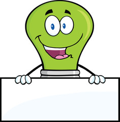 Green Light Bulbl Cartoon Character Over Blank Sign